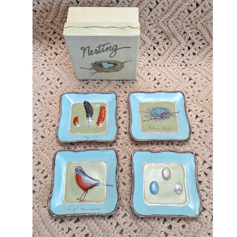 MWW Market Nesting Bird Appetizer Plates Set of 4 Blue Green Ceramic 4.5 Inch